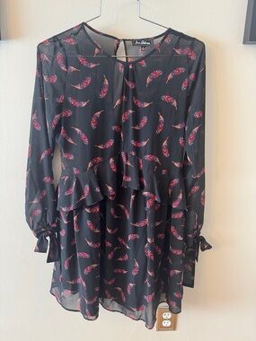 Love Culture Black Long-Sleeve Peplum Dress with Red Feather Print